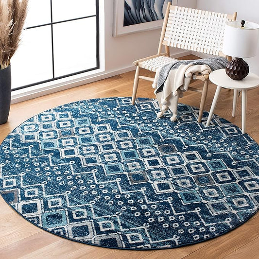 SAFAVIEH Amsterdam Collection 6'7" Round Navy / Beige AMS108N Moroccan Boho Non-Shedding Dining Room Entryway Foyer Living Room Bedroom Area Rug