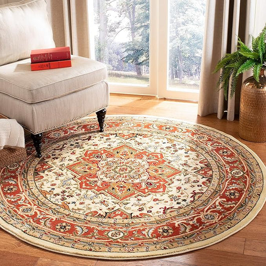 SAFAVIEH Lyndhurst Collection 8' Round Ivory / Rust LNH330R Traditional Oriental Non-Shedding Dining Room Entryway Foyer Living Room Bedroom Area Rug