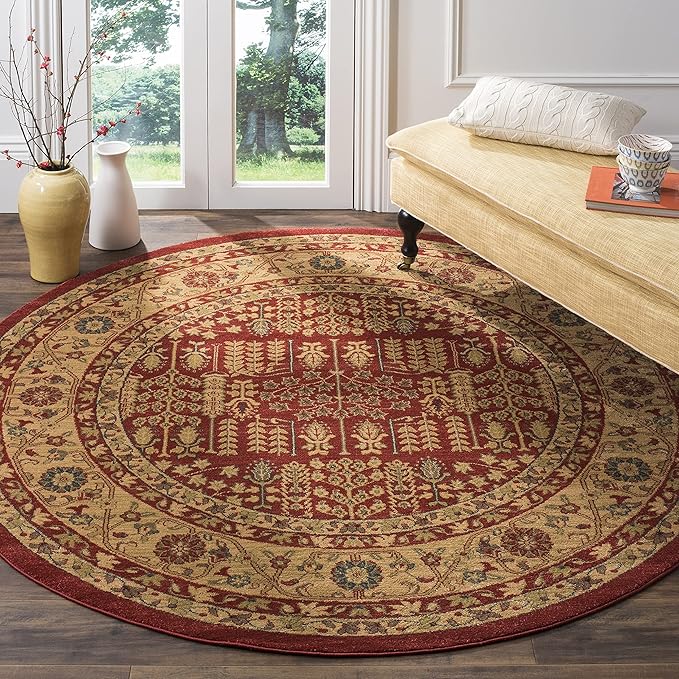 SAFAVIEH Mahal Collection Area Rug - 6'7" Round, Red & Natural, Traditional Oriental Design, Non-Shedding & Easy Care, Ideal for High Traffic Areas in Living Room, Bedroom (MAH697A)
