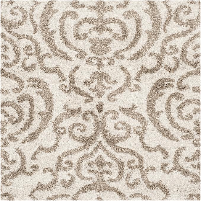 SAFAVIEH Florida Shag Collection Area Rug - 4' Square, Cream & Beige, Damask Design, Non-Shedding & Easy Care, 1.2-inch Thick Ideal for High Traffic Areas in Living Room, Bedroom (SG462-1113)