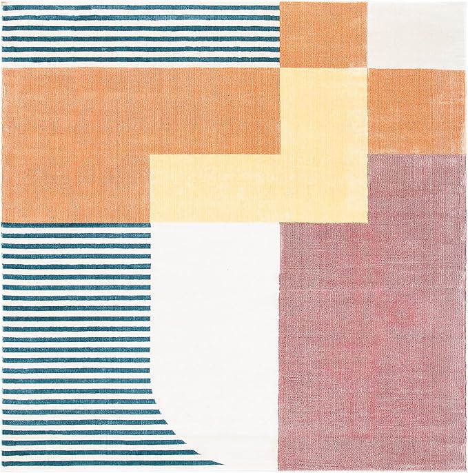 SAFAVIEH Orwell Collection Area Rug - 5'3" Square, Rust & Yellow, Mid-Century Modern Abstract Design, Non-Shedding & Easy Care, Ideal for High Traffic Areas in Living Room, Bedroom (ORW368P)