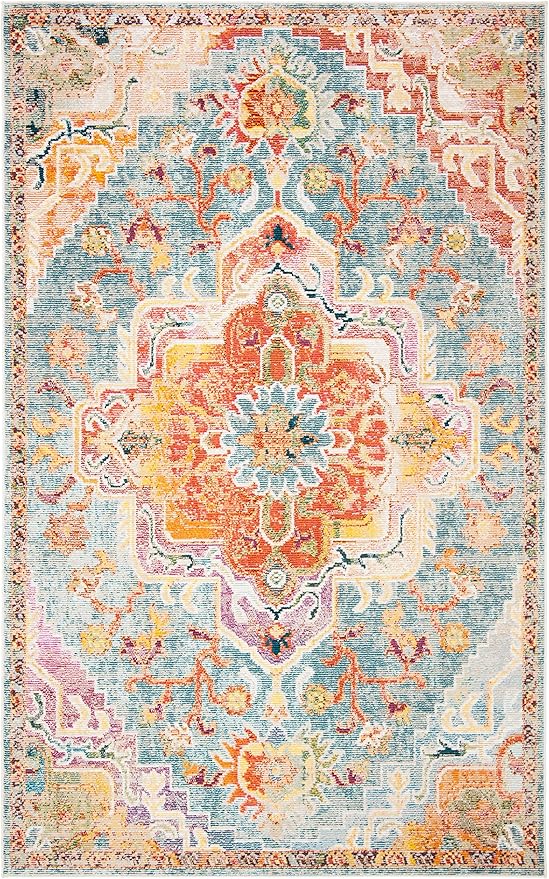 SAFAVIEH Crystal Collection Accent Rug - 4' x 6', Orange & Teal, Medallion Distressed Design, Non-Shedding & Easy Care, Ideal for High Traffic Areas in Entryway, Living Room, Bedroom (CRS501K)
