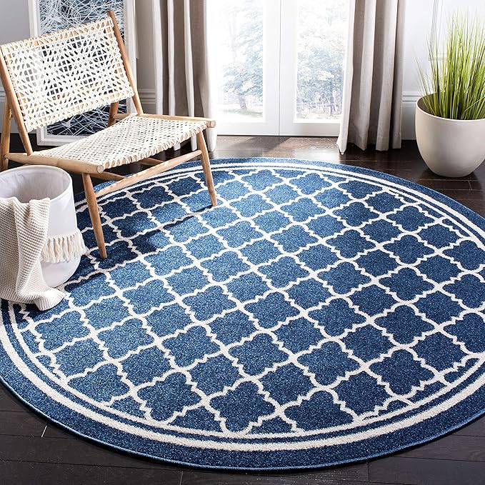 SAFAVIEH Amherst Collection 3' Round Navy/Beige AMT422P Moroccan Trellis Non-Shedding Living Room Bedroom Area Rug