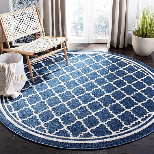 SAFAVIEH Amherst Collection Area Rug - 8' Round, Navy & Beige, Moroccan Trellis Design, Non-Shedding & Easy Care, Ideal for High Traffic Areas in Living Room, Bedroom (AMT422P)