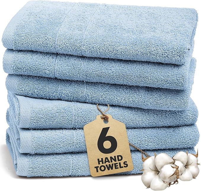 100% Cotton Hand Towels for Bathroom – Soft & Absorbent Towel Set– Pack of 6 Small Towel (34x20in) – Quick Dry Luxury Cotton Hand Towels – Sky Blue
