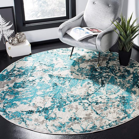 SAFAVIEH Skyler Collection 4' Round Blue/Ivory SKY186M Modern Abstract Non-Shedding Dining Room Entryway Foyer Living Room Bedroom Area Rug