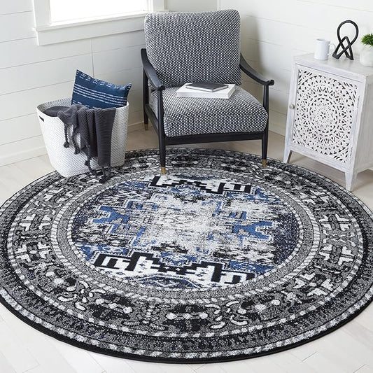 SAFAVIEH Vintage Hamadan Collection Area Rug - 6'7" Round, Grey & Blue, Oriental Traditional Persian Design, Non-Shedding & Easy Care, Ideal for High Traffic Areas in Living Room, Bedroom (VTH213F)