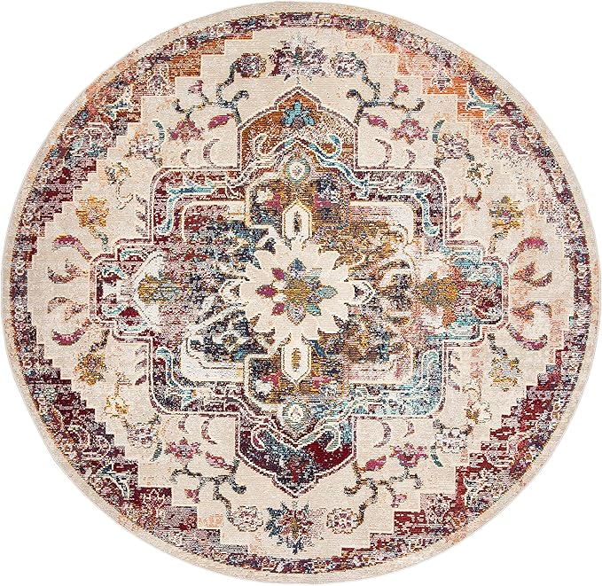 SAFAVIEH Crystal Collection Area Rug - 7' Round, Light Blue & Burgundy, Medallion Distressed Design, Non-Shedding & Easy Care, Ideal for High Traffic Areas in Living Room, Bedroom (CRS501F)