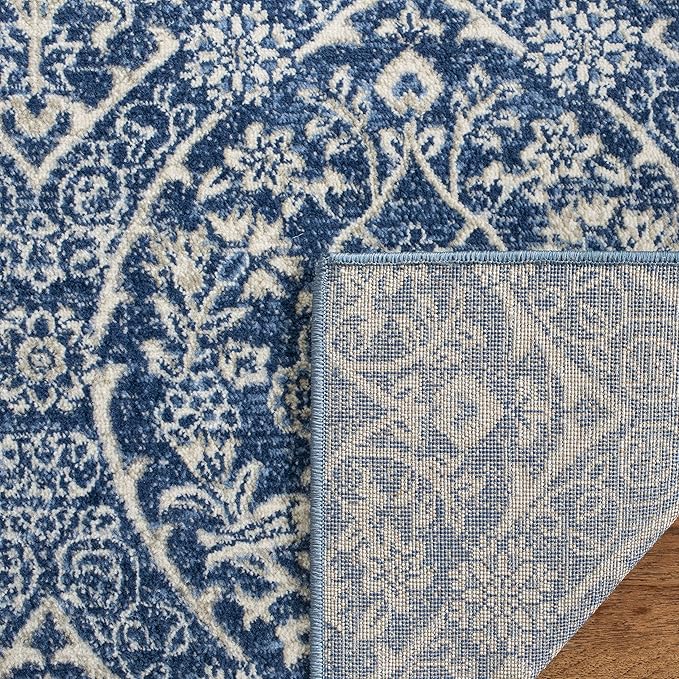 SAFAVIEH Brentwood Collection 2' x 12' Navy / Light Grey BNT860M Floral Damask Ogee Trellis Non-Shedding Living Room Bedroom Runner Rug