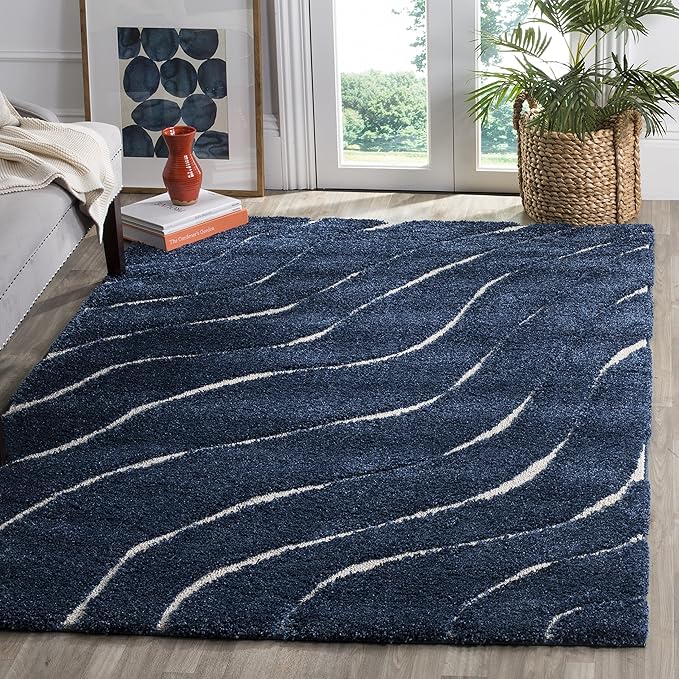 SAFAVIEH Florida Shag Collection Accent Rug - 4' x 6', Dark Blue & Cream, Non-Shedding & Easy Care, 1.2-inch Thick Ideal for High Traffic Areas in Entryway, Living Room, Bedroom (SG472-6511)