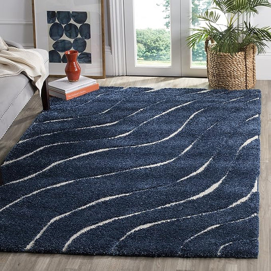 SAFAVIEH Florida Shag Collection Area Rug - 6' x 9', Dark Blue & Cream, Non-Shedding & Easy Care, 1.2-inch Thick Ideal for High Traffic Areas in Living Room, Bedroom (SG472-6511)