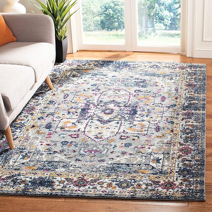 SAFAVIEH Evoke Collection 3' x 5' Grey / Navy EVK275G Oriental Medallion Distressed Non-Shedding Living Room Bedroom Accent Rug