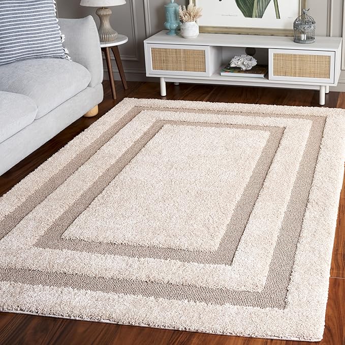 SAFAVIEH Florida Shag Collection Area Rug - 6'7" Square, Beige & Dark Beige, Border Design, 1.2-inch Thick, Ideal for Living Room, Bedroom, Home Office, Dining Space (SG454-1317-7SQ)