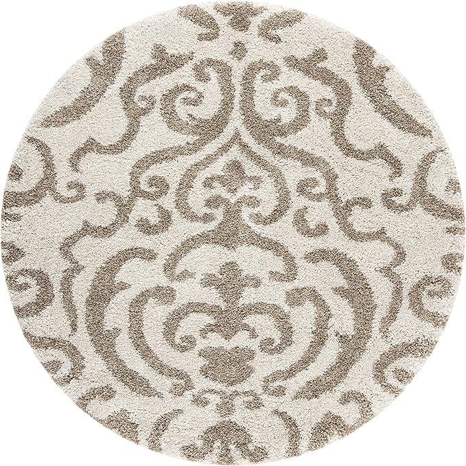 SAFAVIEH Florida Shag Collection 5' Round Cream/Beige SG462 Damask Non-Shedding Living Room Bedroom Dining Room Entryway Plush 1.2-inch Thick Area Rug