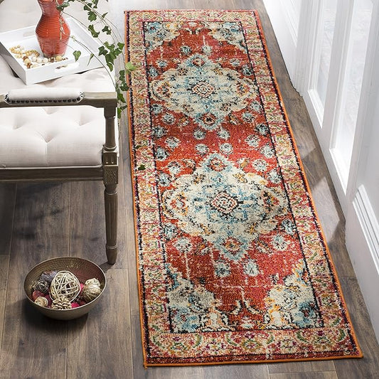 SAFAVIEH Monaco Collection Runner Rug - 2'2" x 16', Orange & Light Blue, Non-Shedding & Easy to Clean, Distressed Medallion Design, Ideal for Hallway, Foyer, Entryway, Kitchen, Bedroom (MNC243H)