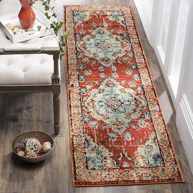 SAFAVIEH Monaco Collection Runner Rug - 2'2" x 22', Orange & Light Blue, Non-Shedding & Easy to Clean, Distressed Medallion Design, Ideal for Hallway, Foyer, Entryway, Kitchen, Bedroom (MNC243H)