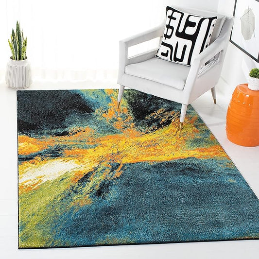 SAFAVIEH Galaxy Collection Area Rug - 6'7" x 9', Blue & Yellow, Modern Abstract Design, Non-Shedding & Easy Care, Ideal for High Traffic Areas in Living Room, Bedroom (GAL117L)