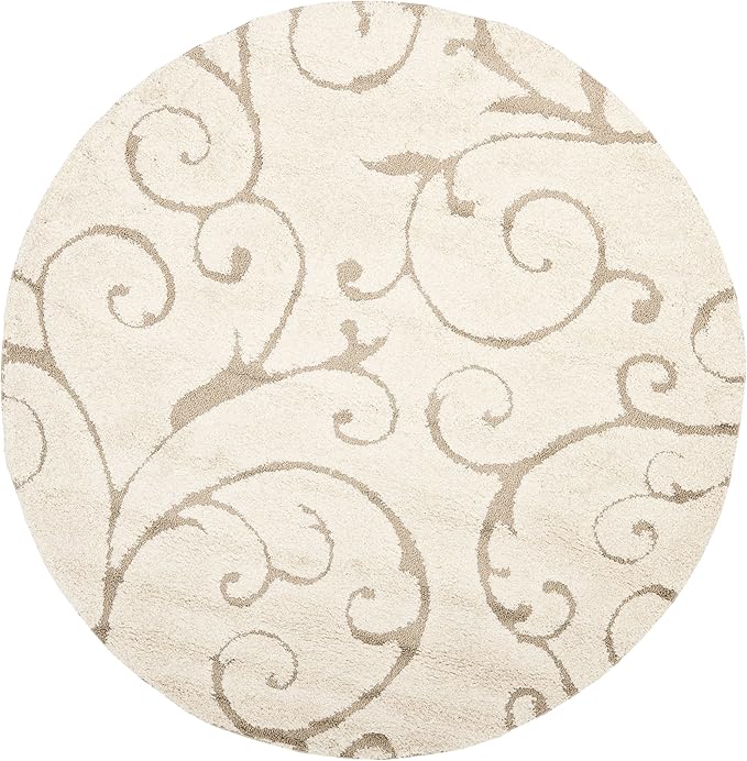 SAFAVIEH Florida Shag Collection Area Rug - 3'3" Round, Cream & Beige, Scroll Design, Non-Shedding & Easy to Clean, High-Low Plush Pile, Ideal for Living Room, Bedroom, Dining Space (SG455-1113)