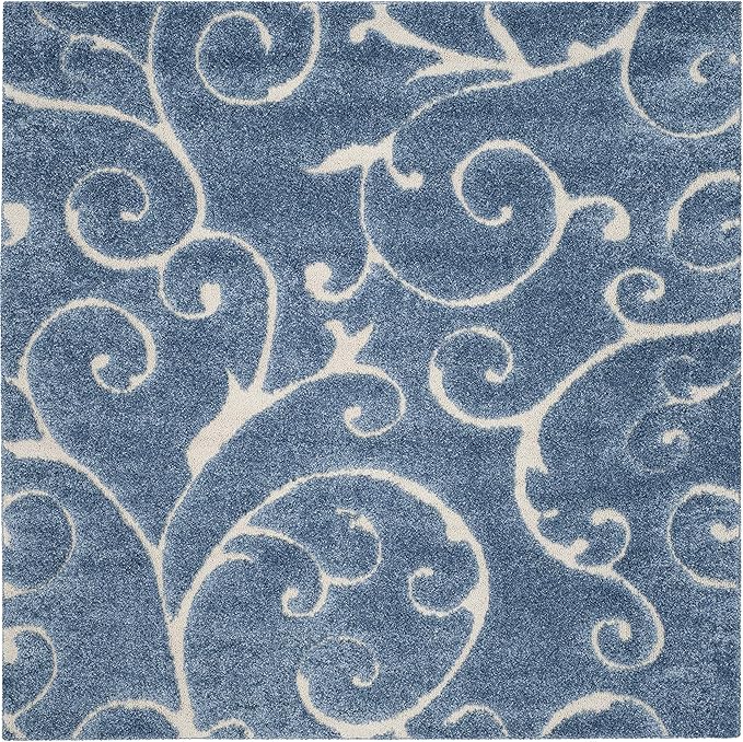 SAFAVIEH Florida Shag Collection Area Rug - 6'7" Square, Light Blue & Cream, Scroll Design, Non-Shedding & Easy to Clean, High-Low Plush Pile, Ideal for Living Room, Bedroom, Dining Space (SG455-6011)