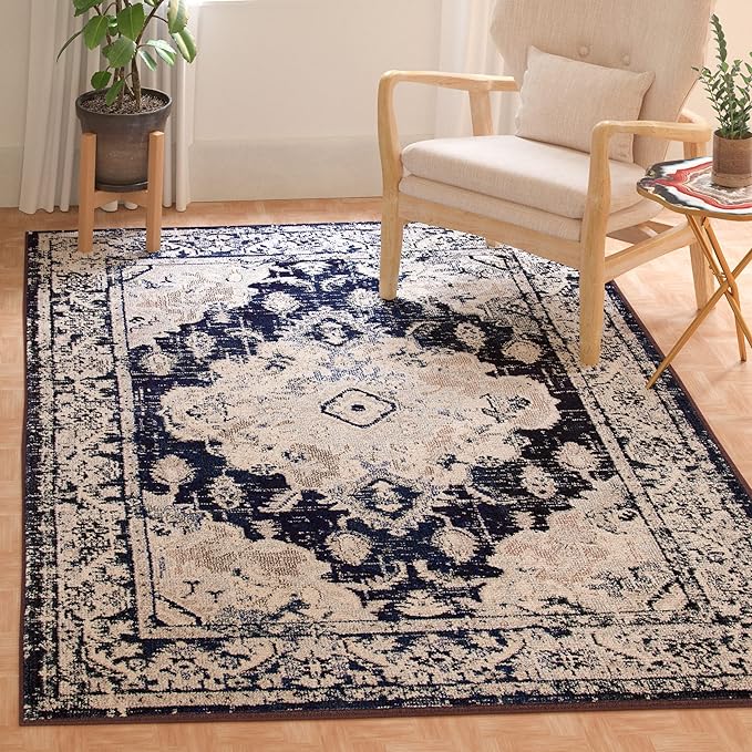 SAFAVIEH Monaco Collection Area Rug - 3' x 5', Ivory & Navy, Non-Shedding & Easy to Clean, Distressed Medallion Design, Ideal for Living Room, Bedroom, Dining Space (MNC243C)