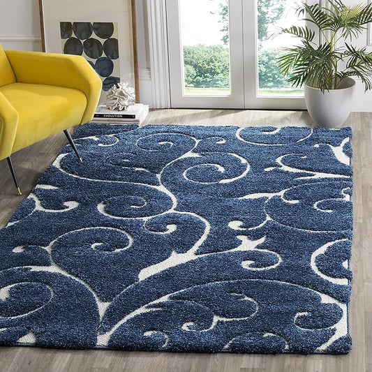 SAFAVIEH Florida Shag Collection Accent Rug - 2'3" x 5', Dark Blue & Cream, Scroll Design, Non-Shedding & Easy Care, High-Low Plush Pile, Ideal for Bedroom, Foyer, Hallway (SG455-6511)