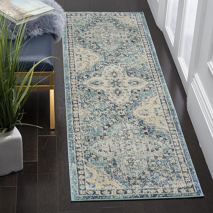 SAFAVIEH Evoke Collection 2'2" x 5' Blue/Orange EVK275C Oriental Medallion Distressed Non-Shedding Living Room Bedroom Area Rug
