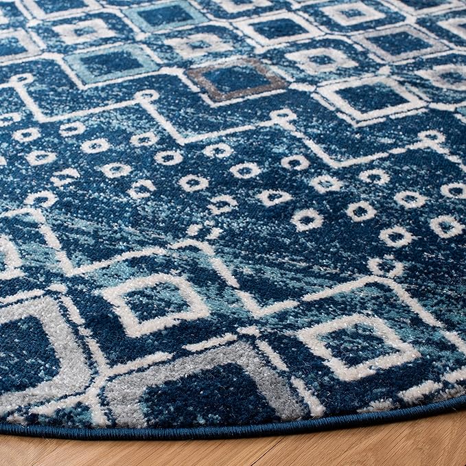 SAFAVIEH Amsterdam Collection 6'7" Round Navy / Beige AMS108N Moroccan Boho Non-Shedding Dining Room Entryway Foyer Living Room Bedroom Area Rug