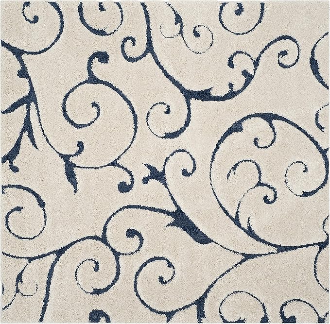 SAFAVIEH Florida Shag Collection Area Rug - 6'7" Square, Cream & Blue, Scroll Design, Non-Shedding & Easy to Clean, High-Low Plush Pile, Ideal for Living Room, Bedroom, Dining Space (SG455-1165)