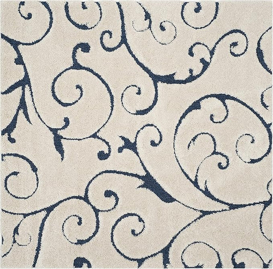 SAFAVIEH Florida Shag Collection Area Rug - 11' Square, Cream & Blue, Scroll Design, Non-Shedding & Easy to Clean, High-Low Plush Pile, Ideal for Living Room, Bedroom, Dining Space (SG455-1165)