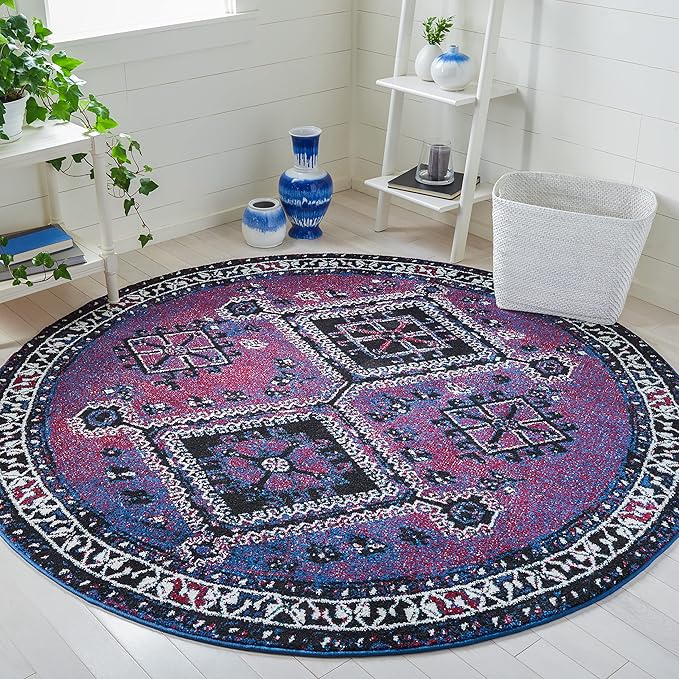 SAFAVIEH Vintage Hamadan Collection Area Rug - 6'7" Round, Purple & Black, Oriental Distressed Design, Non-Shedding & Easy Care, Ideal for High Traffic Areas in Living Room, Bedroom (VTH293V)