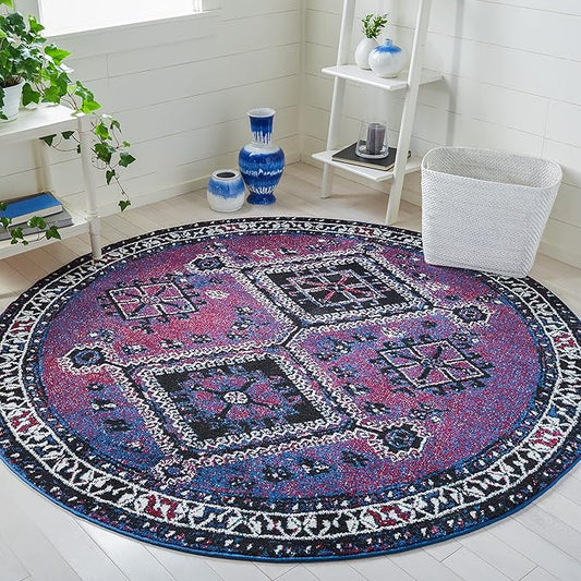SAFAVIEH Vintage Hamadan Collection Area Rug - 6'7" Round, Purple & Black, Oriental Distressed Design, Non-Shedding & Easy Care, Ideal for High Traffic Areas in Living Room, Bedroom (VTH293V)
