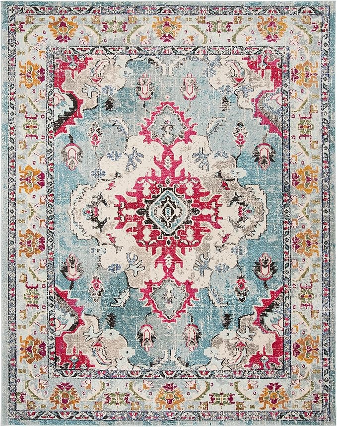 SAFAVIEH Monaco Collection Area Rug - 8' x 10', Light Blue & Fuchsia, Non-Shedding & Easy to Clean, Distressed Medallion Design, Ideal for Living Room, Bedroom, Dining Space (MNC243J)