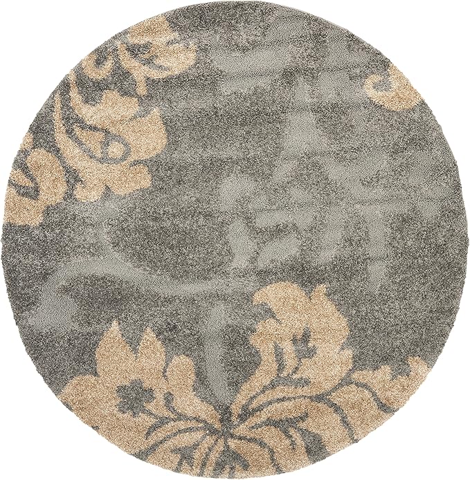 SAFAVIEH Florida Shag Collection 6'7" Round Grey/Beige SG458 Floral Non-Shedding Living Room Bedroom Dining Room Entryway Plush 1.2-inch Thick Area Rug