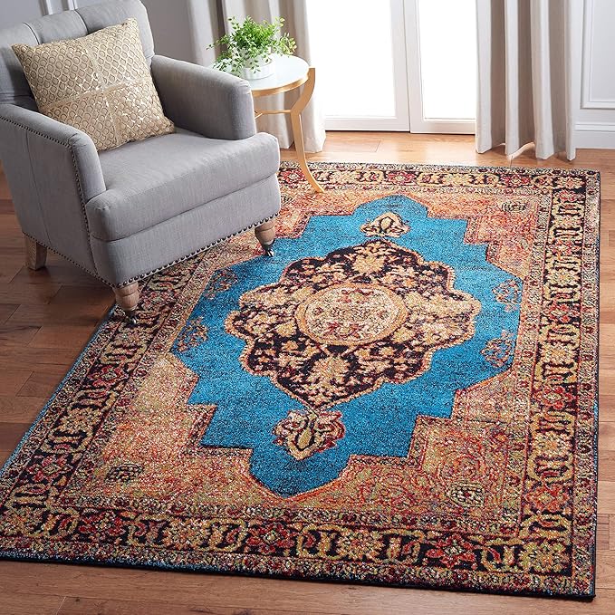 SAFAVIEH Vintage Hamadan Collection Area Rug - 5'3" x 7'6", Gold & Light Blue, Traditional Oriental Design, Non-Shedding & Easy Care, Ideal for High Traffic Areas in Living Room, Bedroom (VTH219D)