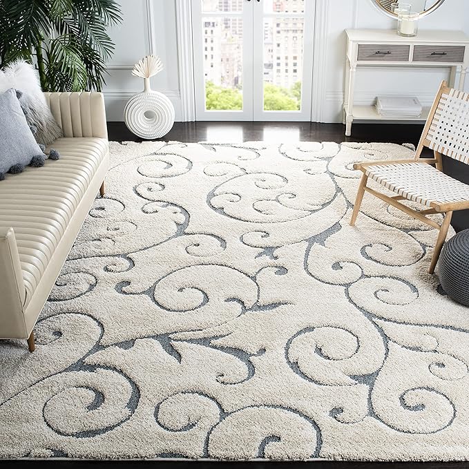 SAFAVIEH Florida Shag Collection Area Rug - 9'6" x 13', Beige & Blue Grey, Scroll Design, Non-Shedding & Easy to Clean, High-Low Plush Pile, Ideal for Living Room, Bedroom, Dining Space (SG455-1155)