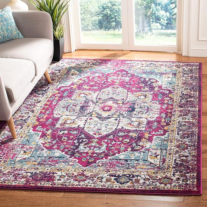 SAFAVIEH Evoke Collection 3' x 5' Fuchsia / Ivory EVK275R Oriental Medallion Distressed Non-Shedding Living Room Bedroom Accent Rug