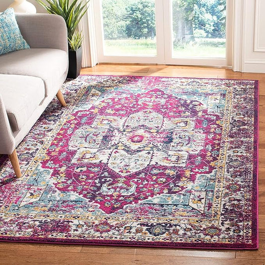 SAFAVIEH Evoke Collection 3' x 5' Fuchsia / Ivory EVK275R Oriental Medallion Distressed Non-Shedding Living Room Bedroom Accent Rug