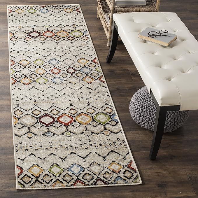 SAFAVIEH Amsterdam Collection Runner Rug - 2'3" x 18', Ivory & Multi, Moroccan Boho Design, Non-Shedding & Easy Care, Ideal for High Traffic Areas in Living Room, Bedroom (AMS108K)