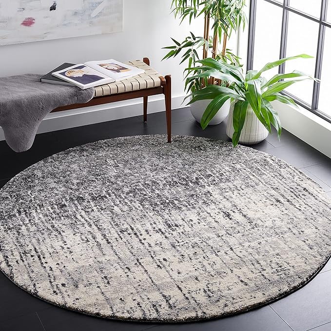 SAFAVIEH Retro Collection 8' Round Black / Light Grey RET2770 Modern Abstract Non-Shedding Dining Room Entryway Foyer Living Room Bedroom Area Rug