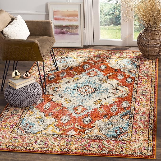 SAFAVIEH Monaco Collection Area Rug - 4' x 5'7", Orange & Light Blue, Non-Shedding & Easy to Clean, Distressed Medallion Design, Ideal for Living Room, Bedroom, Dining Space (MNC243H)