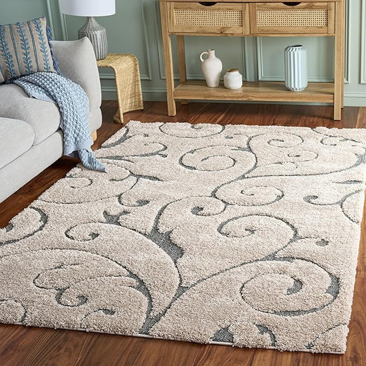 SAFAVIEH Florida Shag Collection Area Rug - 6' x 9', Beige & Blue Grey, Scroll Design, Non-Shedding & Easy to Clean, High-Low Plush Pile, Ideal for Living Room, Bedroom, Dining Space (SG455-1155)