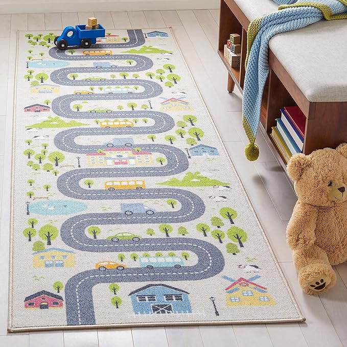 SAFAVIEH Washable Rug Kids Playhouse Collection - 2'2" x 8' Runner, Beige & Green, Slip Resistant & Easy to Clean, Ideal for Kids Room, Playroom, Nursery, Boys & Girls Room (KPH227A)