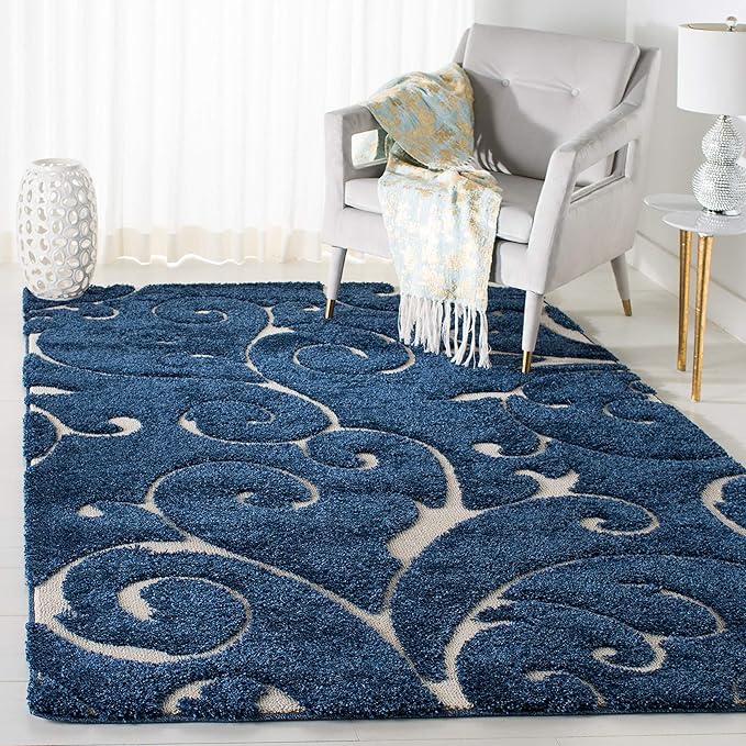 SAFAVIEH Florida Shag Collection Accent Rug - 3'3" x 5'3", Dark Blue & Cream, Scroll Design, Non-Shedding & Easy Care, High-Low Plush Pile, Ideal for Living Room, Bedroom, Dining Space (SG455-6511)