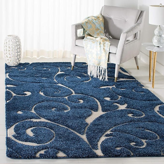 SAFAVIEH Florida Shag Collection Accent Rug - 3'3" x 5'3", Dark Blue & Cream, Scroll Design, Non-Shedding & Easy Care, High-Low Plush Pile, Ideal for Living Room, Bedroom, Dining Space (SG455-6511)