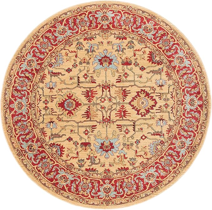 SAFAVIEH Mahal Collection Area Rug - 6'7" Round, Beige & Red, Traditional Oriental Design, Non-Shedding & Easy Care, Ideal for High Traffic Areas in Living Room, Bedroom (MAH693B)