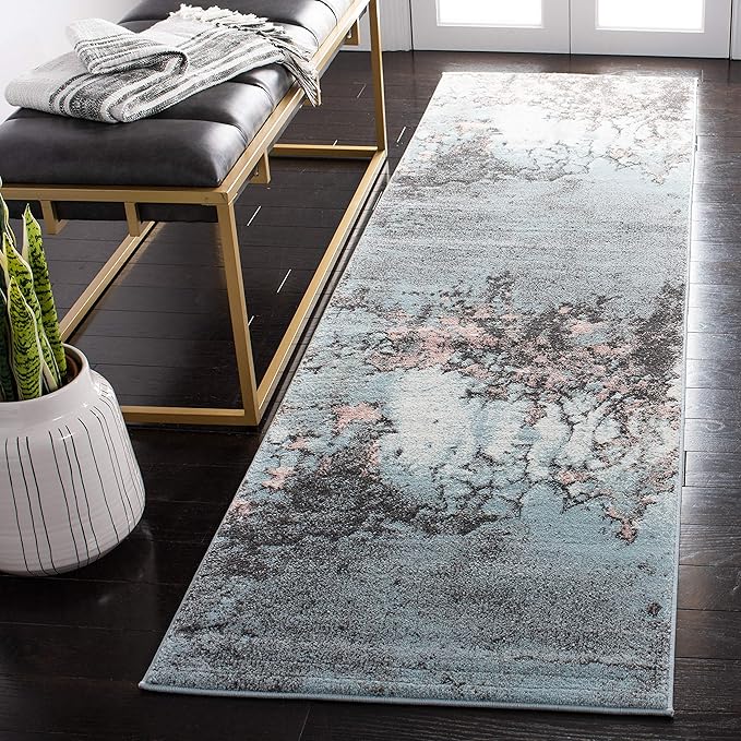 SAFAVIEH Glacier Collection Runner Rug - 2'3" x 12', Blue & Pink, Modern Abstract Design, Non-Shedding & Easy Care, Ideal for High Traffic Areas in Living Room, Bedroom (GLA125L)