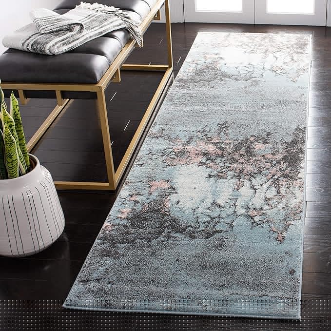 SAFAVIEH Glacier Collection Runner Rug - 2'3" x 8', Blue & Pink, Modern Abstract Design, Non-Shedding & Easy Care, Ideal for High Traffic Areas in Living Room, Bedroom (GLA125L)
