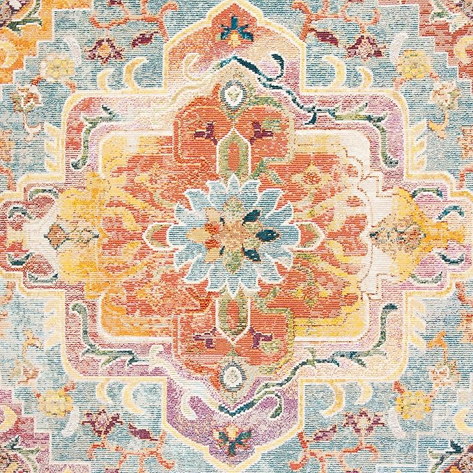 SAFAVIEH Crystal Collection Area Rug - 7' Round, Orange & Teal, Medallion Distressed Design, Non-Shedding & Easy Care, Ideal for High Traffic Areas in Living Room, Bedroom (CRS501K)