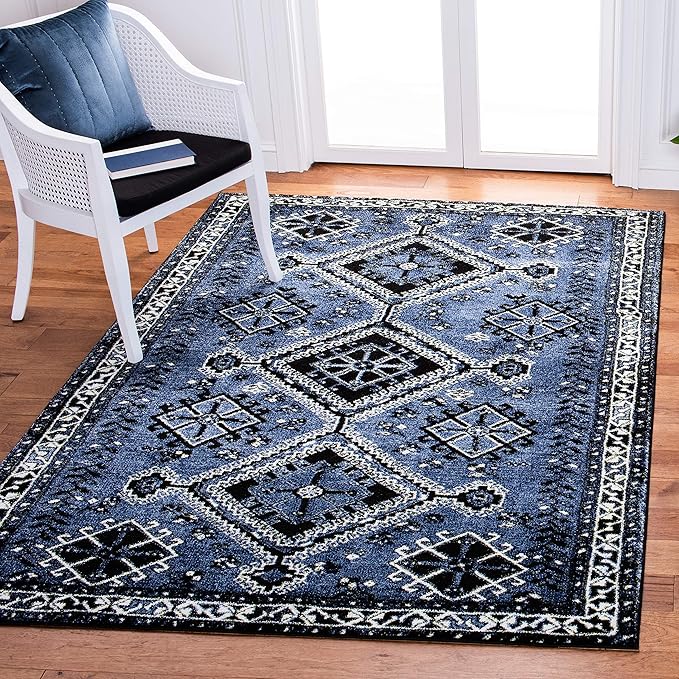 SAFAVIEH Vintage Hamadan Collection Area Rug - 6'7" Square, Blue & Black, Oriental Distressed Design, Non-Shedding & Easy Care, Ideal for High Traffic Areas in Living Room, Bedroom (VTH293M)