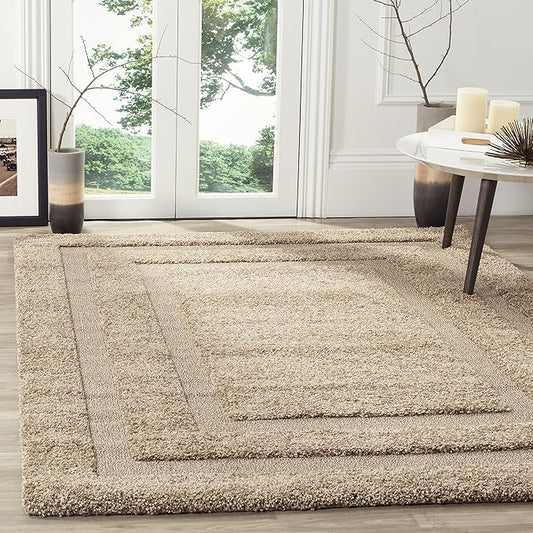 SAFAVIEH Florida Shag Collection Area Rug - 4' Square, Beige & Beige, Border Design, Non-Shedding & Easy Care, 1.2-inch Thick Ideal for High Traffic Areas in Living Room, Bedroom (SG454-1313)